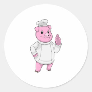 Sticker Rond Cochon comme cuisinier avec casquette chef