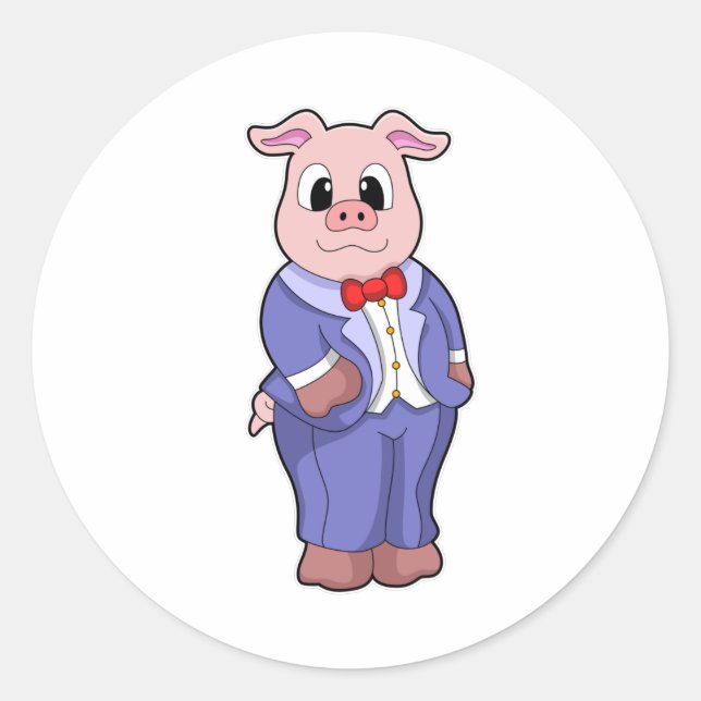 Sticker Rond Cochon comme marié avec costume (Devant)