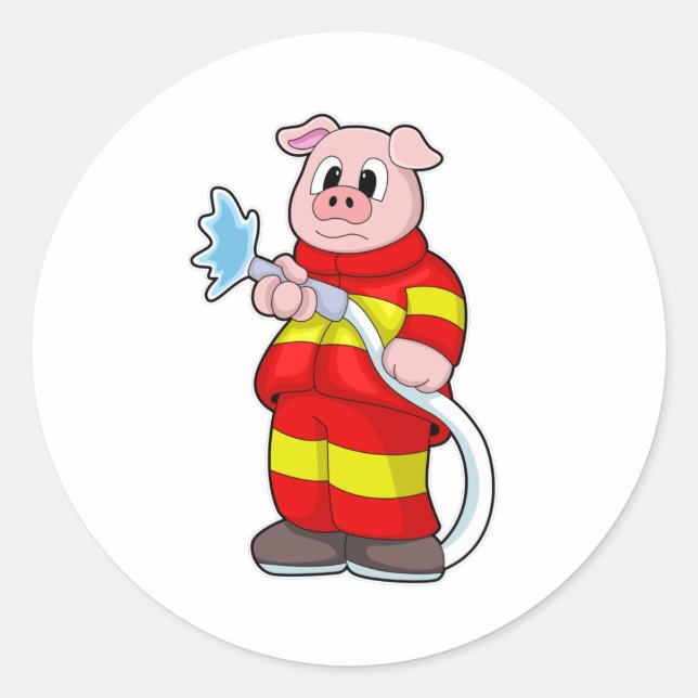 Sticker Rond Cochon comme pompier avec tuyau (Devant)