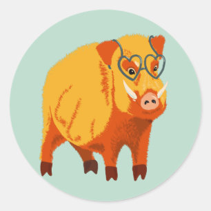 Sticker Rond Cochon Cute - Boar Geek Avec Lunettes