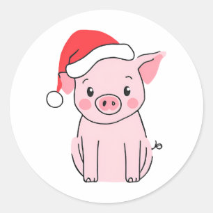 Sticker Rond Cochon de Noël de Noël avec chapeau de Noël