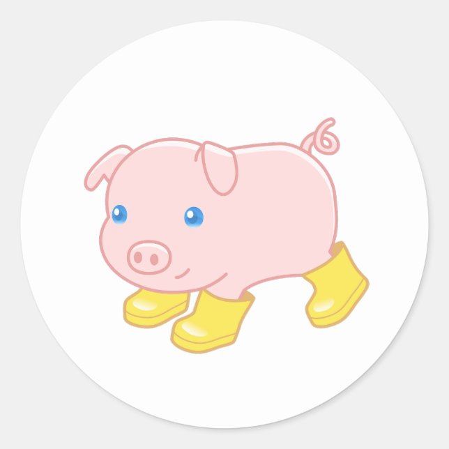 Sticker Rond Cochon de porc mignon dans Bottes en caoutchouc ja (Devant)