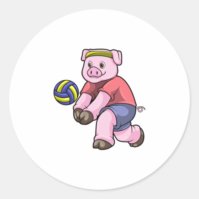 Sticker Rond Cochon de sport avec volleyball (Devant)