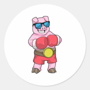Sticker Rond Cochon en boîte avec gants de boxe