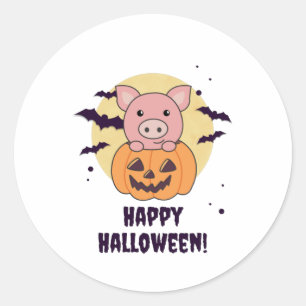 Sticker Rond Cochon En Citrouille Cochons Doux Joyeux Halloween
