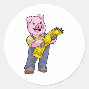 Sticker Rond Cochon en fermier avec paille