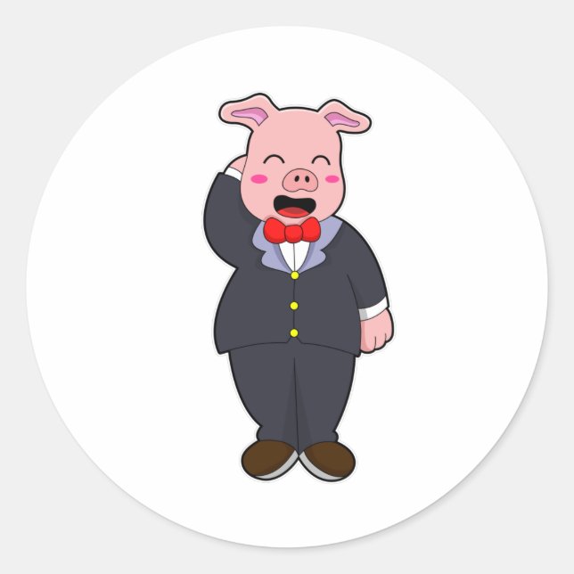 Sticker Rond Cochon en forme de chambre avec costume et Cravate (Devant)