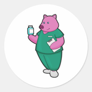 Sticker Rond Cochon en infirmière en médecine