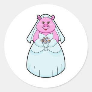 Sticker Rond Cochon en mariée avec Voile