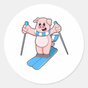 Sticker Rond Cochon en ski avec ski Scarf & Ski Poteaux