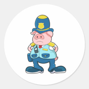 Sticker Rond Cochon en tant qu'agent de police avec police Unif