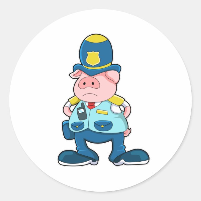 Sticker Rond Cochon en tant qu'agent de police avec police Unif (Devant)