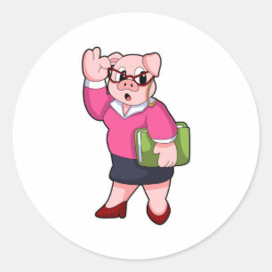Sticker Rond Cochon en tant que secrétaire avec lunettes