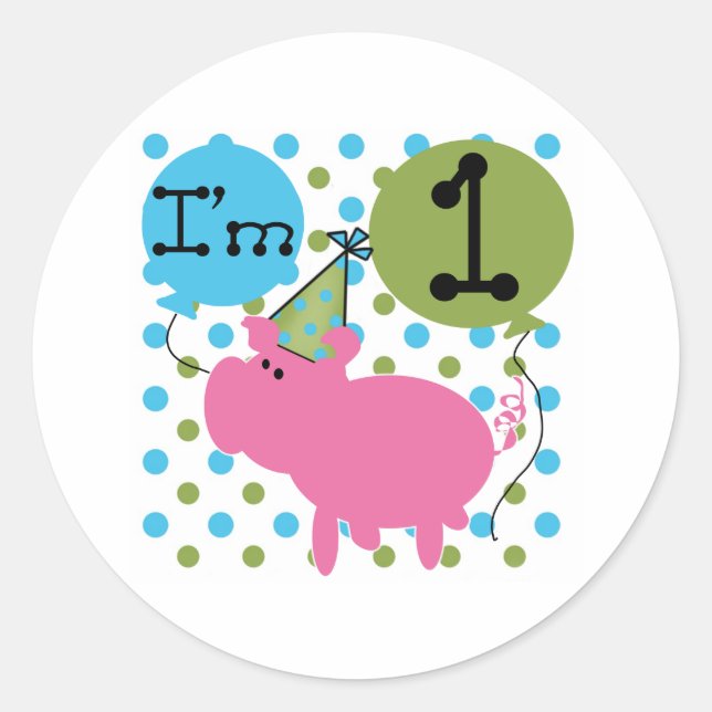 Sticker Rond Cochon Je suis 1 Anniversaire (Devant)