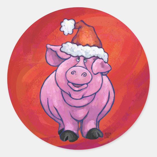Sticker Rond Cochon mignon à Santa Hat sur rouge (Devant)
