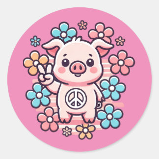 Sticker Rond Cochon mignon avec la paix Signal & Fleurs à thème