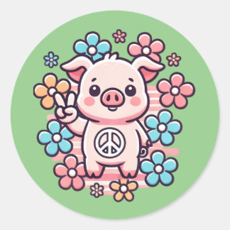 Sticker Rond Cochon mignon avec la paix Signal & Fleurs à thème