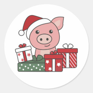 Sticker Rond Cochon Noël Cadeau Animaux d'hiver Cochons