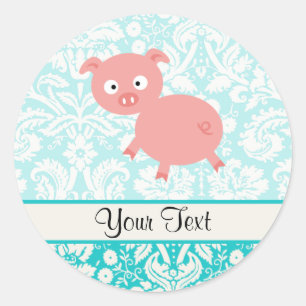 Sticker Rond Cochon rose mou ; Damas Turquoise