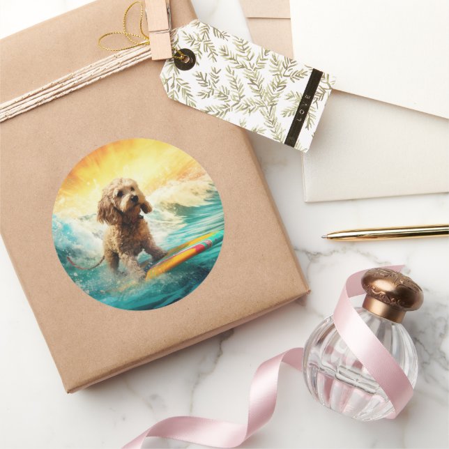 Sticker Rond Cockapoo Beach Surf Paining (Cadeaux)