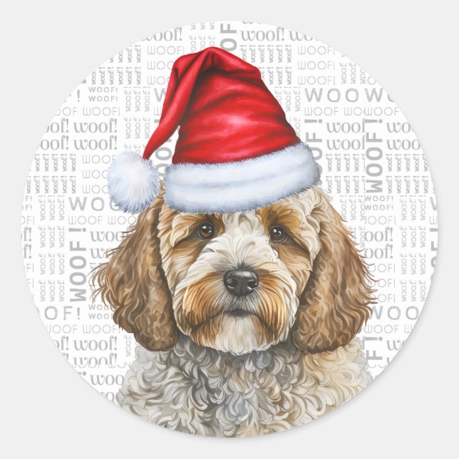 Sticker Rond Cockapoo Champagne Chien Noël (Devant)