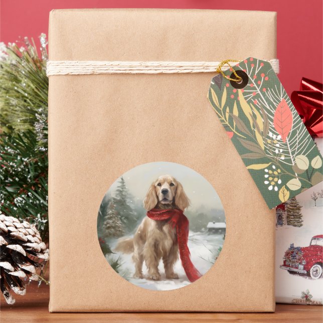 Sticker Rond Cocker Spaniel Chien dans Noël de neige (vacances)
