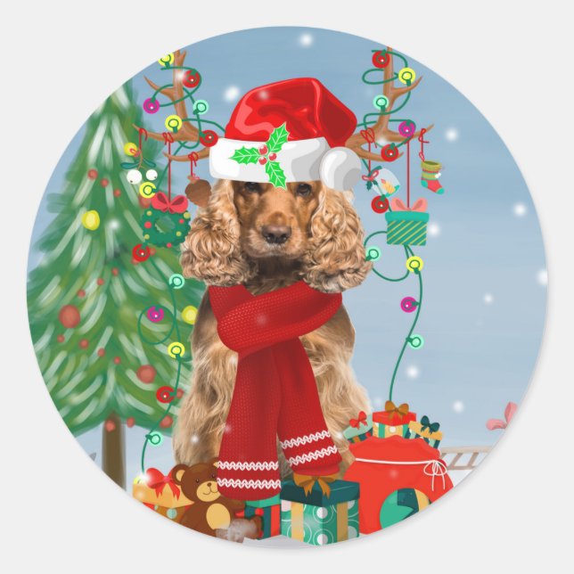 Sticker Rond Cocker Spaniel Chien en neige avec cadeaux de Noël (Devant)