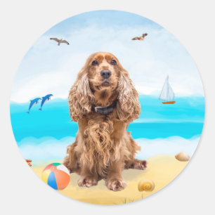 Sticker Rond Cocker Spaniel Chien sur la plage