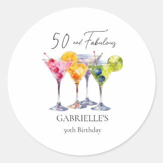 Sticker Rond Cocktail Martini Aquarelle Joyeux 50e Anniversaire