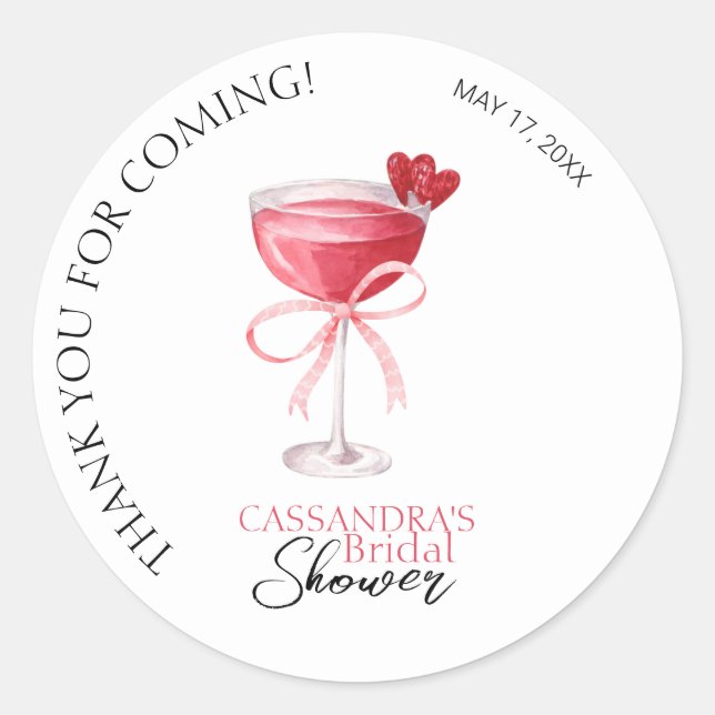 Sticker Rond Cocktail moderne Bow Fête des mariées rose Merci (Devant)