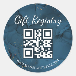 Sticker Rond code QR de liste de cadeaux en marbre bleu baby sh