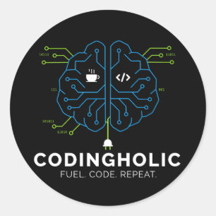Sticker Rond Codingholic Tech Brain Programmeur Sombre