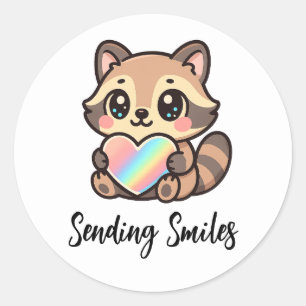 Sticker Rond Cœur Arc-en-Ciel Raton Laveur Kawaii Heureux Envoi