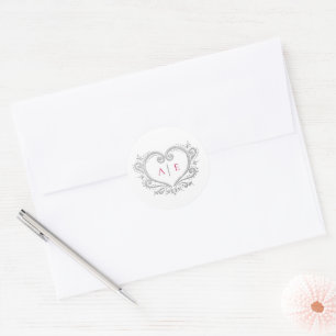 Sticker Rond Coeur argenté monogramme rouge texte sur mariage b
