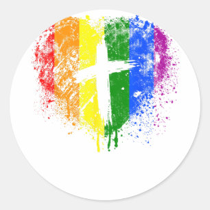 Sticker Rond Coeur avec croix, Gay Pride, religieuse chrétienne