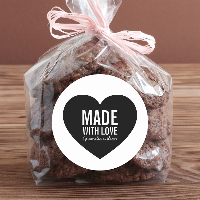 Sticker Rond Coeur blanc et noir minimaliste fait avec amour (Créateur téléchargé)