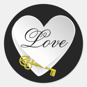 Sticker Rond Coeur blanc sur noir avec clé or et Mariage d'amou