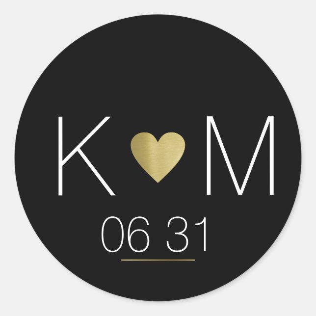 Sticker Rond Coeur d'amour doré avec des noms de couple en noir (Devant)