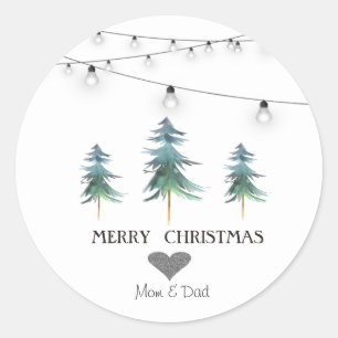 Sticker Rond Coeur d'argent, Aquarelle Arbres de Noël, Lumières