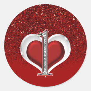 Sticker Rond Cœur de Diamant Rouge Paillettes Étincelantes 1er 