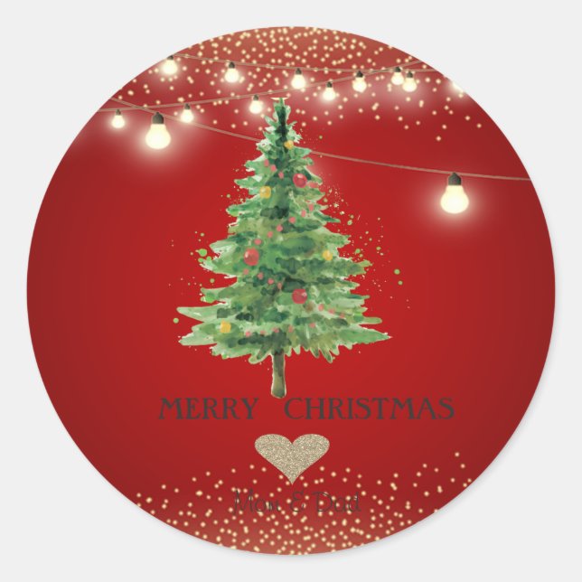 Sticker Rond Coeur d'or, Aquarelle Arbre de Noël, Lumières Stri (Devant)