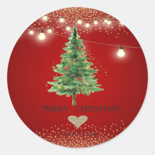 Sticker Rond Coeur d'or, Aquarelle Arbre de Noël, Lumières Stri