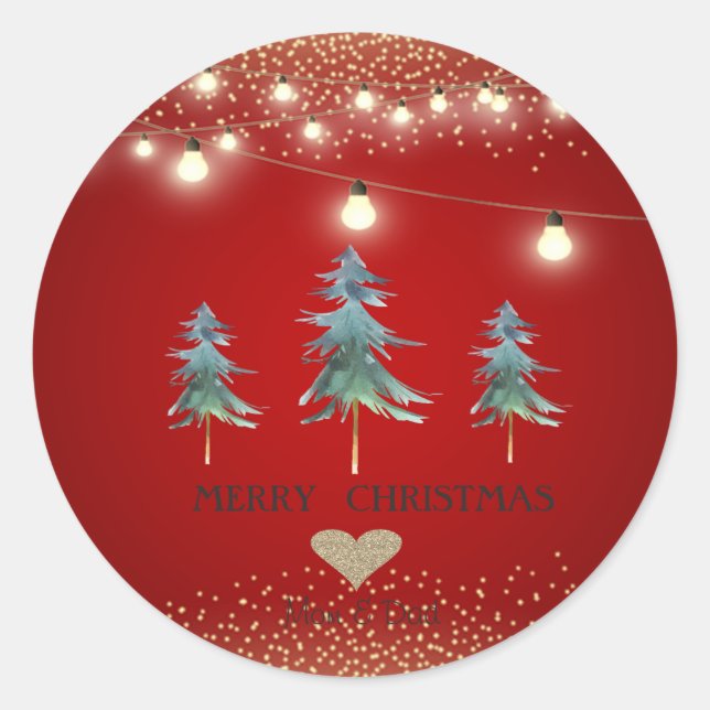 Sticker Rond Coeur d'or, Aquarelle Arbres de Noël, Lumières (Devant)
