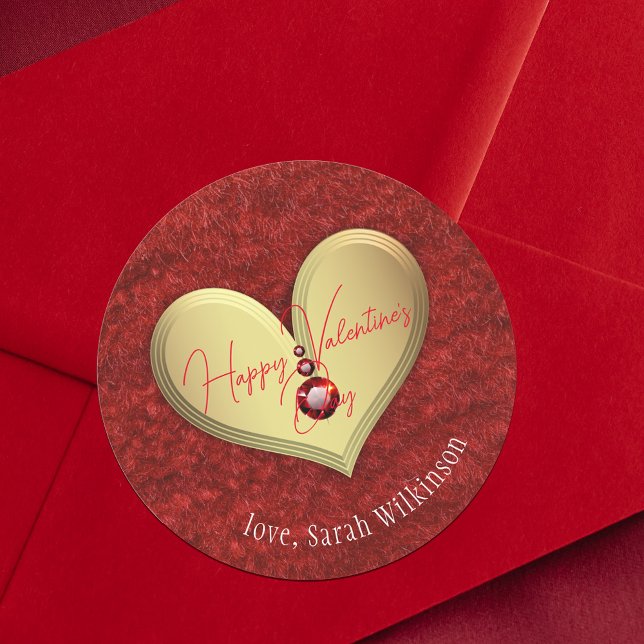 Sticker Rond Coeur d'or de luxe avec pierres rouges Saint-Valen (Créateur téléchargé)