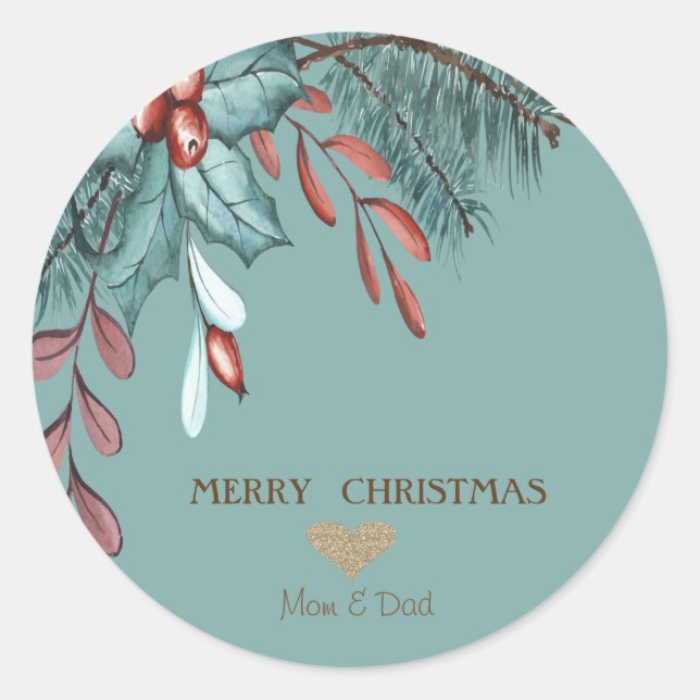 Sticker Rond Coeur d'or de Noël élégant, Berry Holly (Devant)