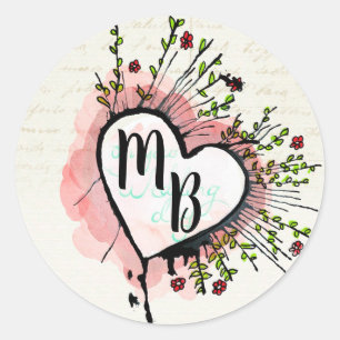 Sticker Rond Coeur Élégant Monogrammé avec Fleurs