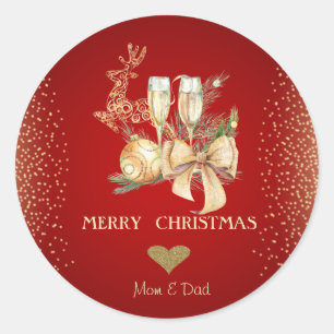 Sticker Rond Cœur en or,Boule de Noël à l'aquarelle,Renne