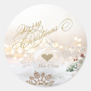 Sticker Rond Cœur en or élégant, boule de Noël blanche