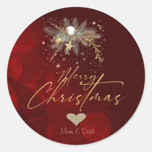 Sticker Rond Cœur en or pailleté, ornements de Noël sur branche