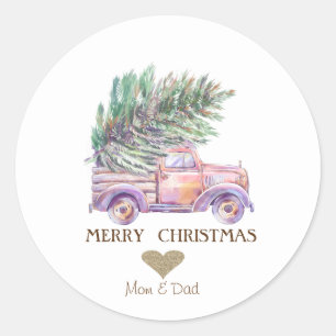 Sticker Rond Cœur en or, sapins de Noël camion rose